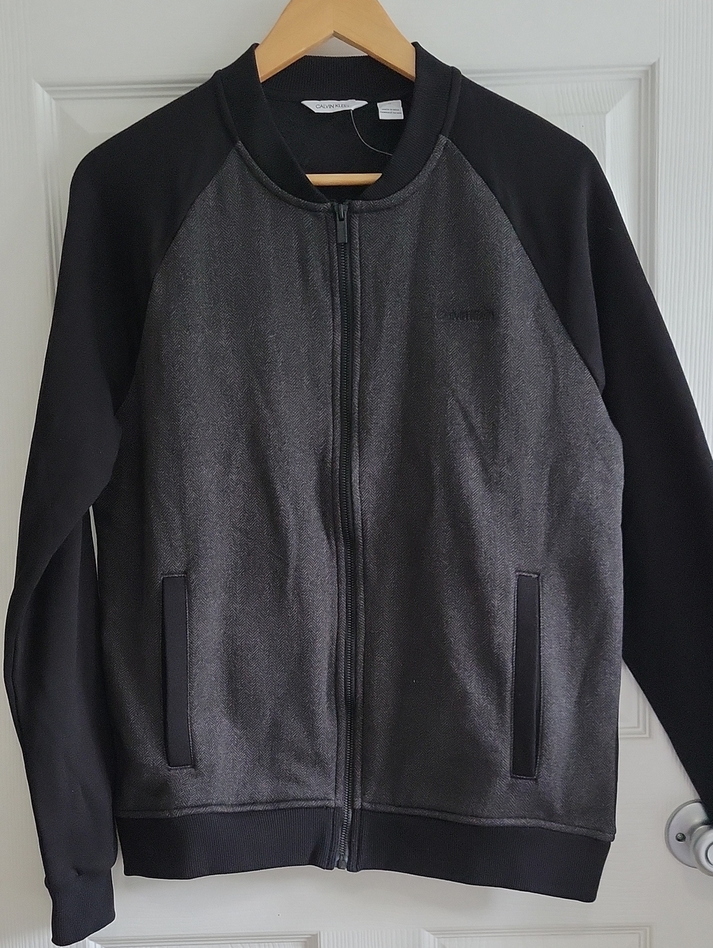 Calvin Klein Bomber Jacket Herringbone Fleece M Charcoal & Black Full Zip NWT